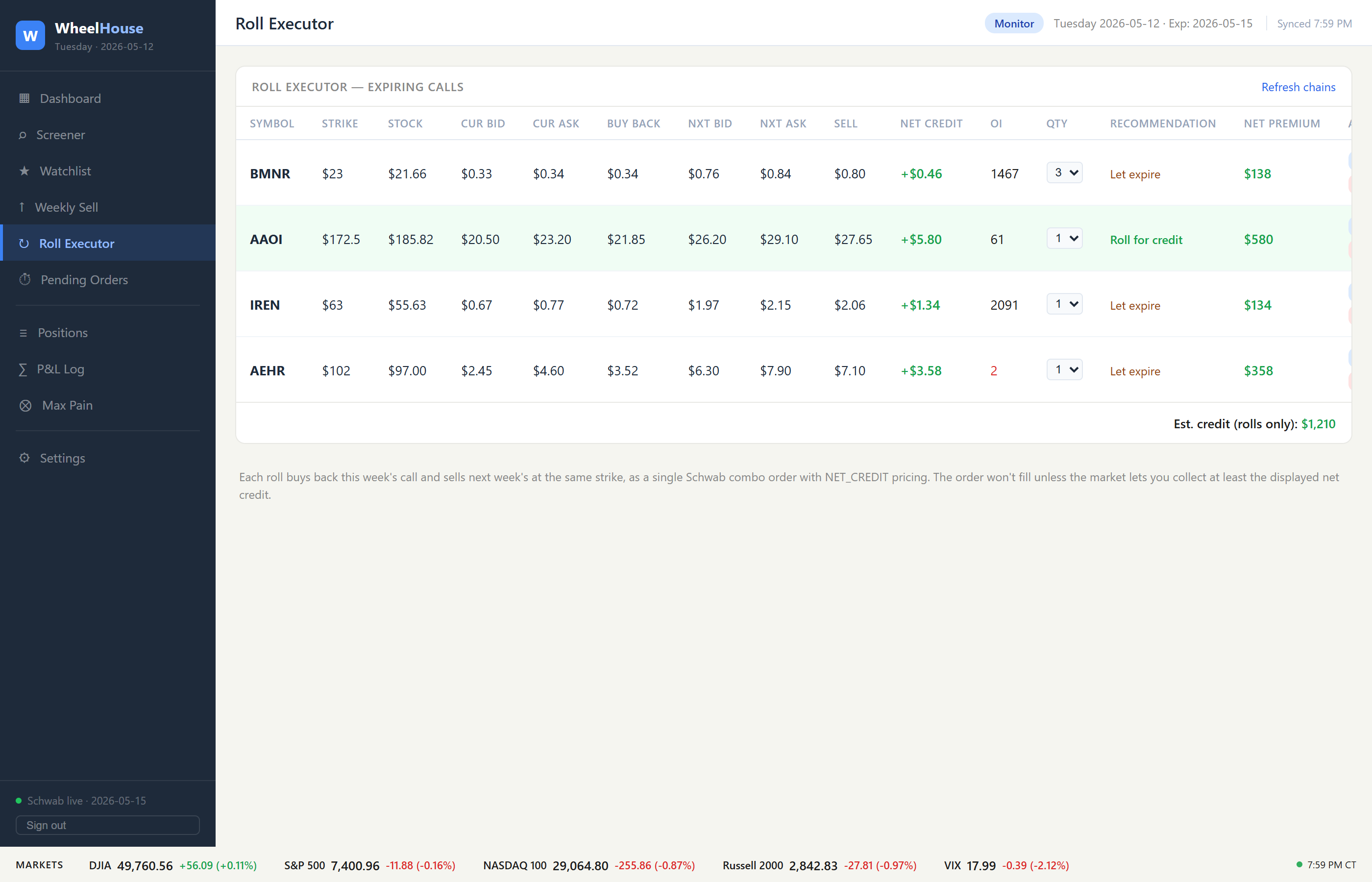 WheelHouse Roll Executor showing expiring calls and roll recommendations